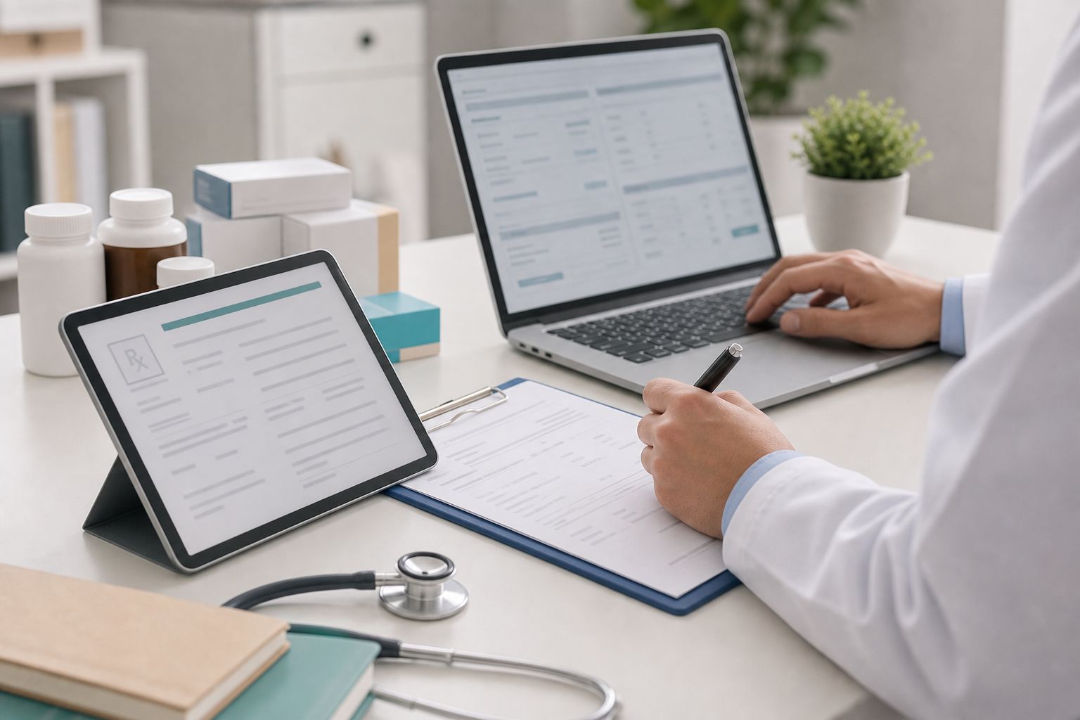 Tablet showing a generic digital prescription layout in a clean clinical setting.