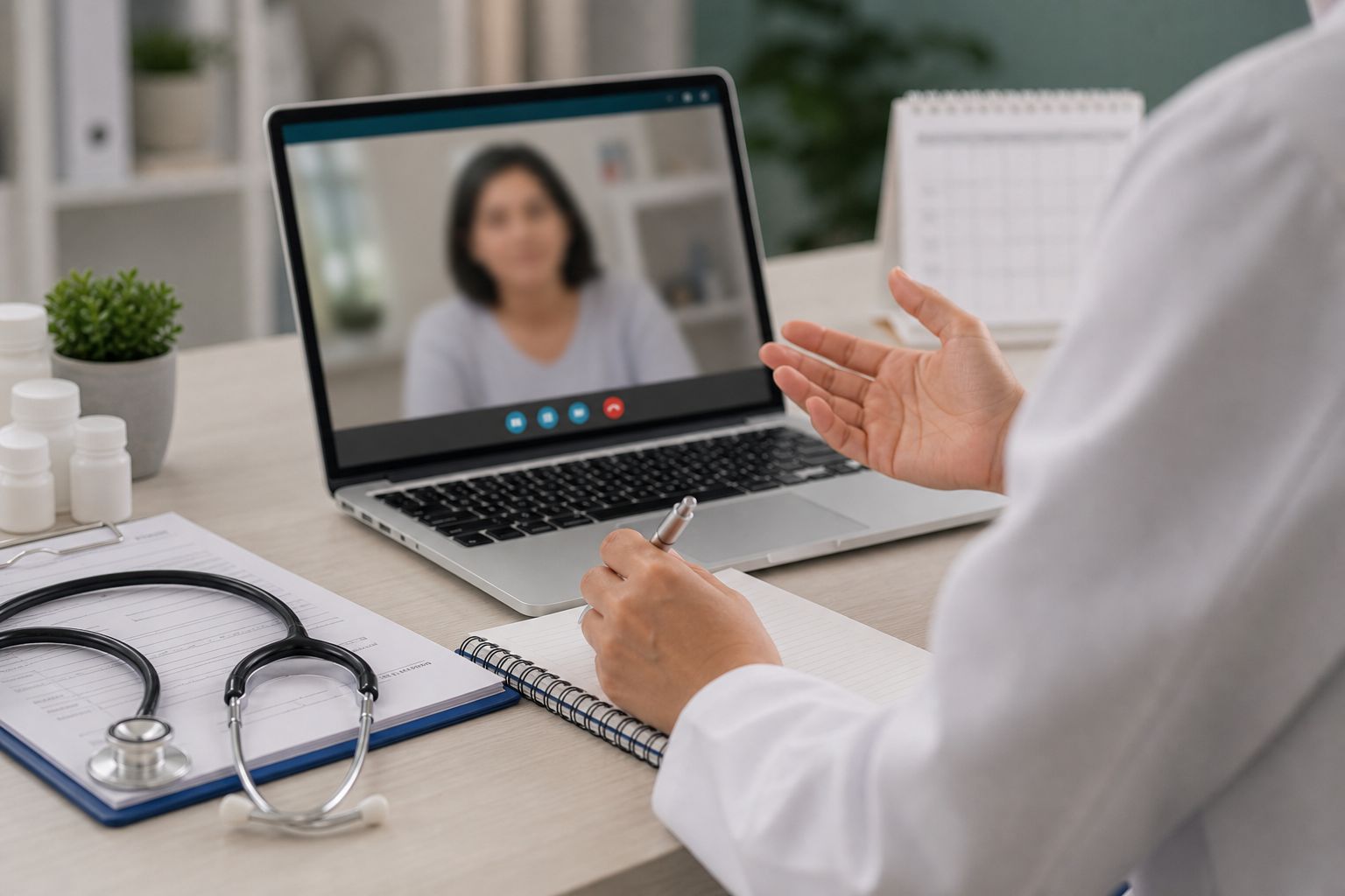 Follow-up teleconsultation viewed through a laptop with organized clinical notes.