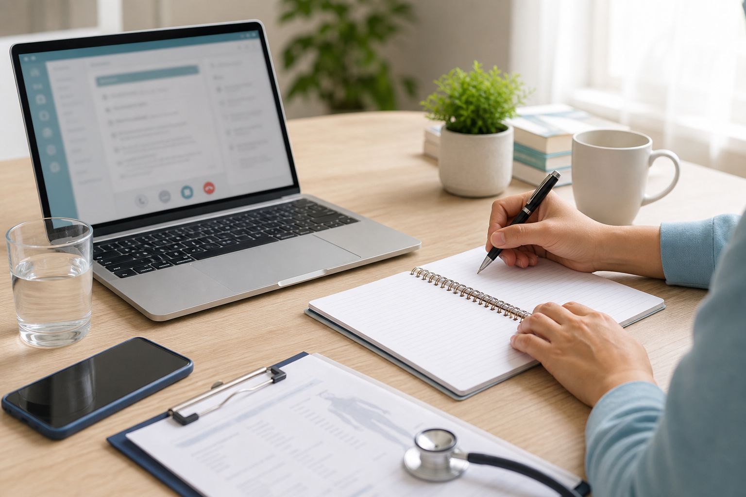 Patient preparing for an online consultation at a calm home desk.