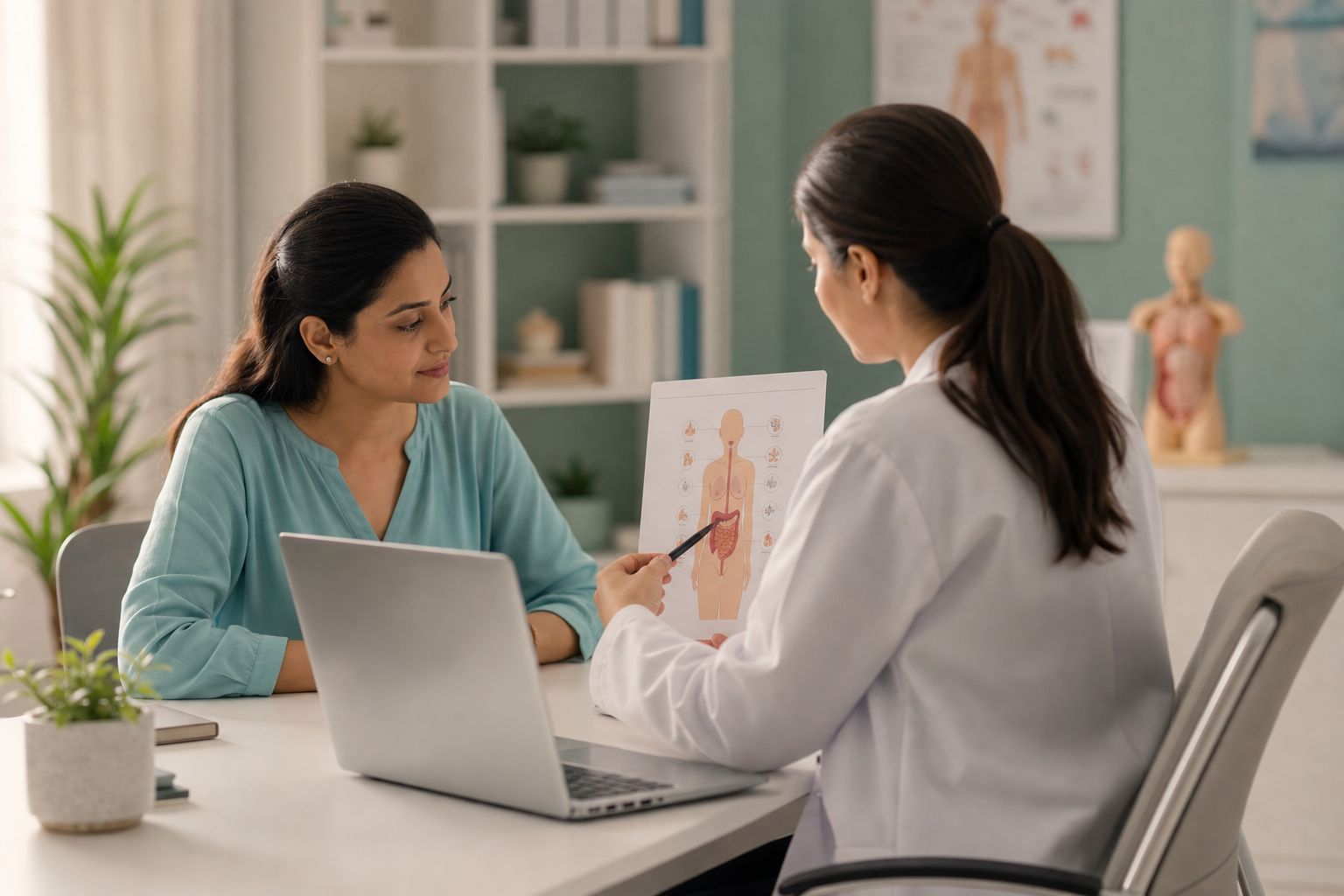 Calm doctor explaining a medical condition during an online consultation.