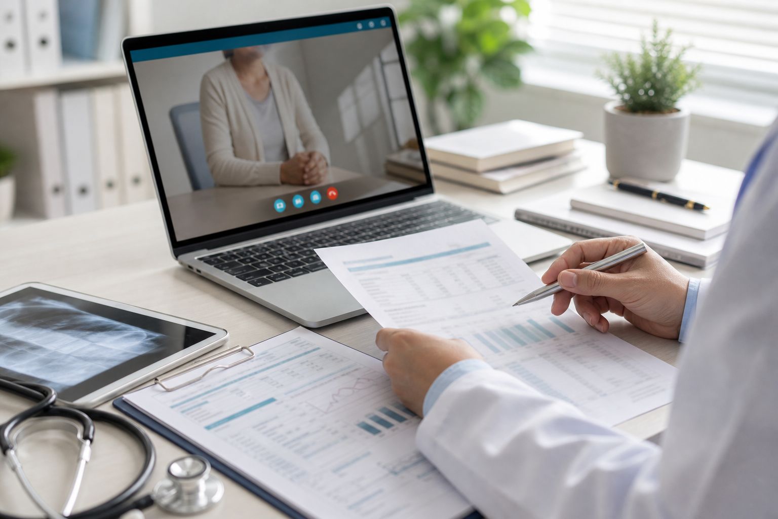 Clinician reviewing blurred lab report pages on a clean clinical desk.